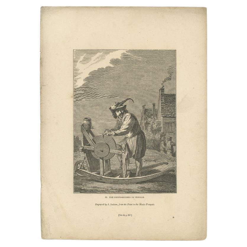 Antique print titled 'The Knife-Grinder of Teniers'. Old print of knife sharpening. This print originates from 'One Hundred and Fifty Wood Cuts selected from the Penny Magazine'.

Artists and Engravers: Published by Charles Knight. 

Condition: