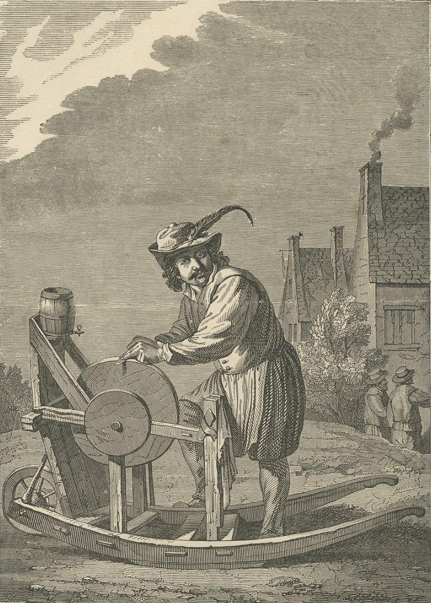 Antique Print of Knife Sharpening, 1835 In Fair Condition For Sale In Langweer, NL