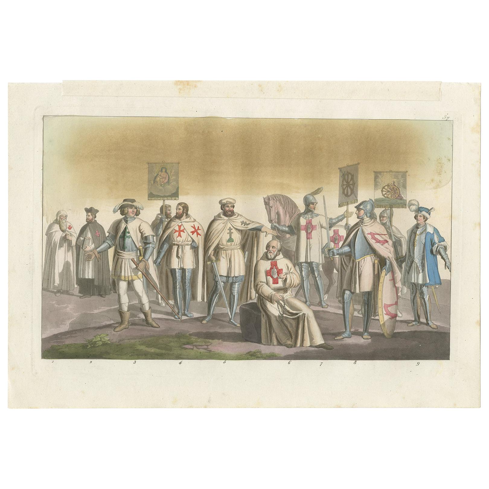 Antique Print of Knights and Costumes by Ferrario, '1831'