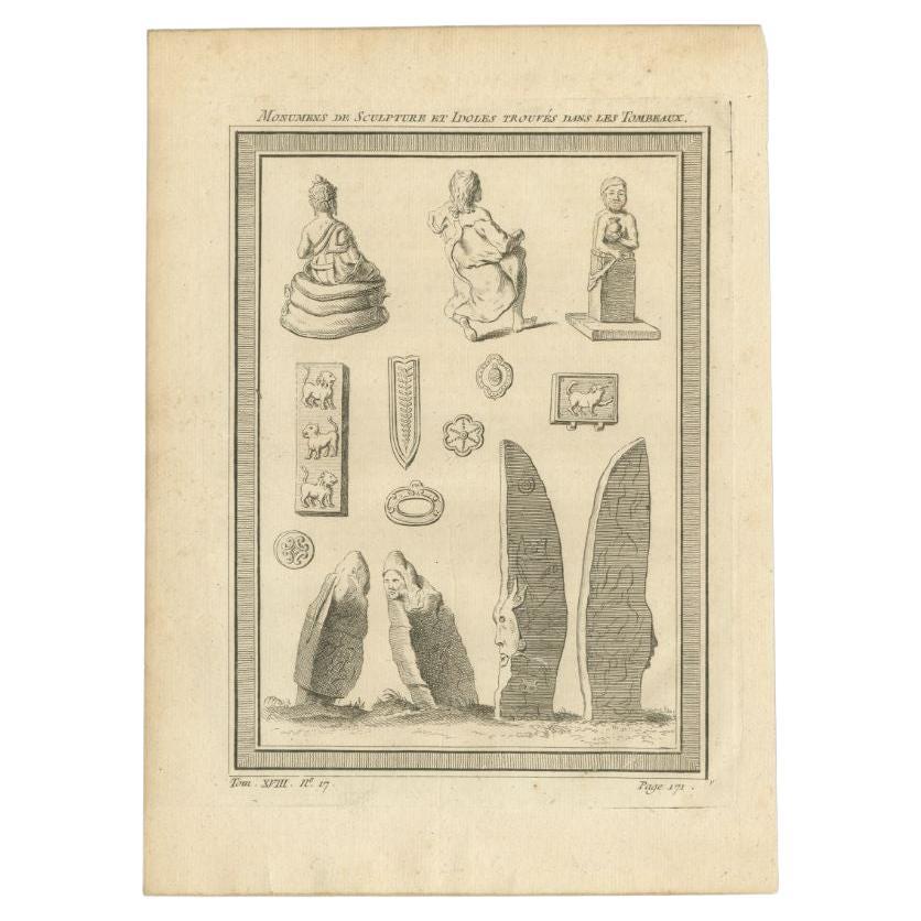 Antique print titled 'Monumens de Sculpture et Idoles trouvés dans les Tombeaux'. Copper engraving of monuments of sculptures and idols found in the Krasnoyarsk megaliths. This print originates from volume 18 of 'Histoire generale des voyages (..)'