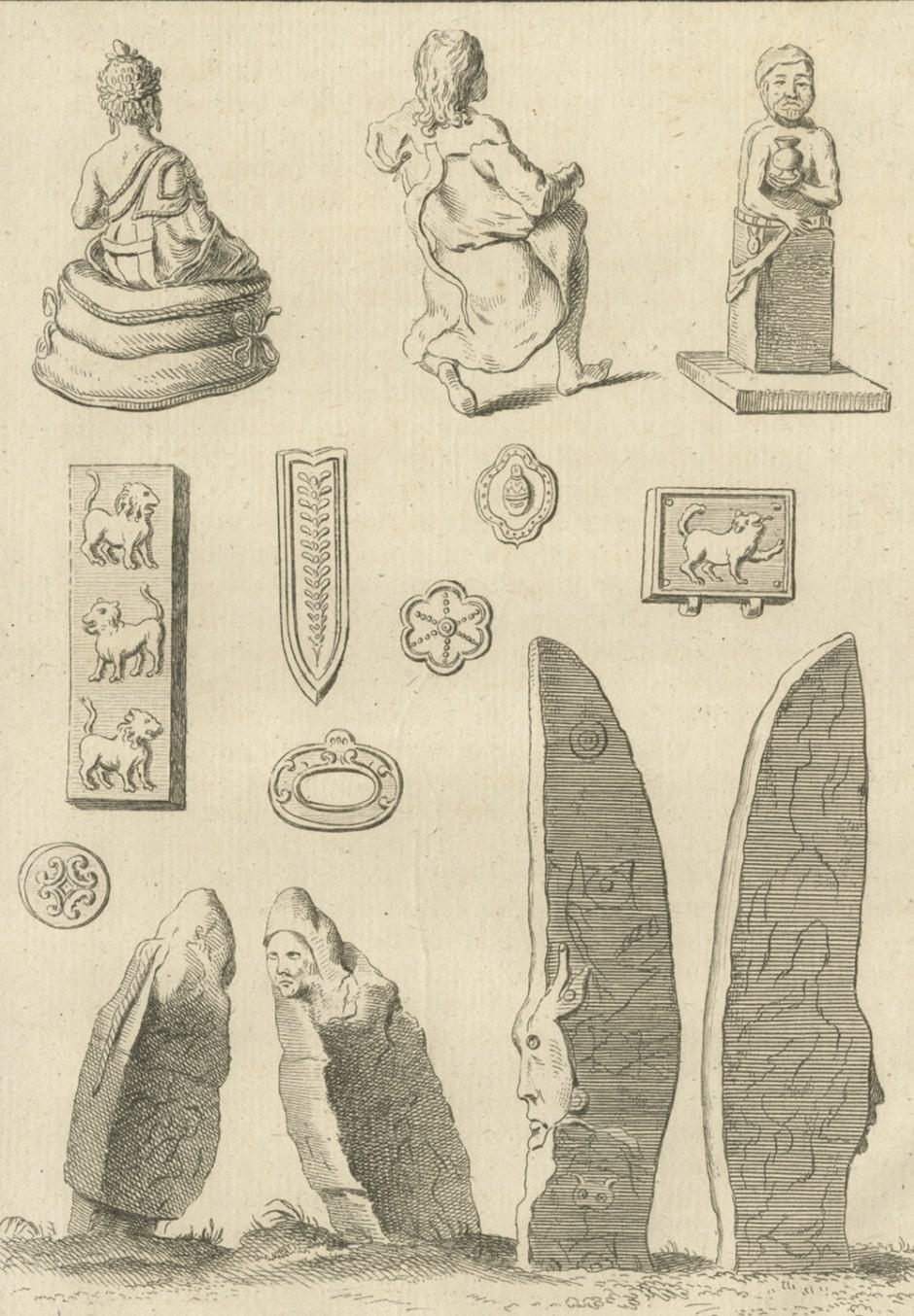 Papier Impression ancienne de sculptures et de diadèmes de Krasnoyarsk de Russie, 1768 en vente