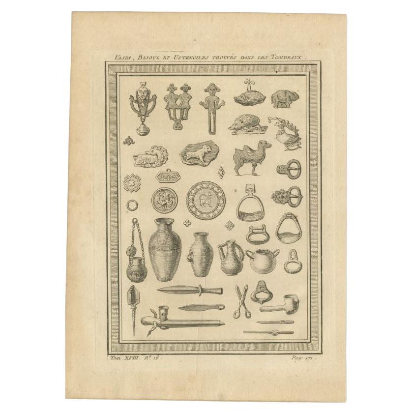 Antique print titled 'Vases, Bijoux et Ustenciles trouvés dans les Tombeaux'. Copper engraving of vases, jewellery and tools found in Krasnoyarsk megaliths. This print originates from volume 18 of 'Histoire generale des voyages (..)' by Antoine