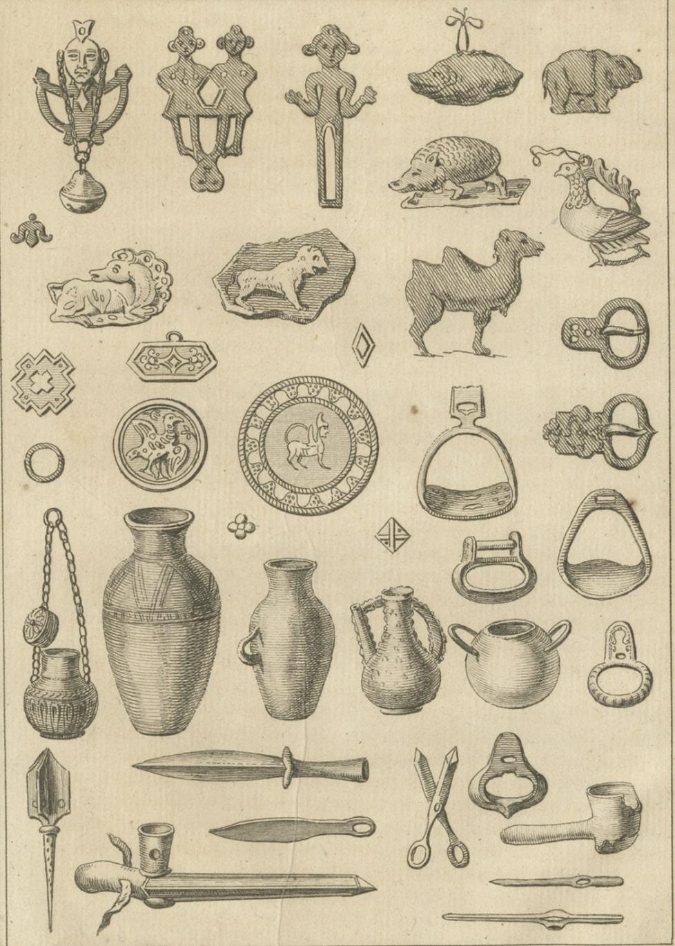 Paper Antique Print of Krasnoyarsk Vases, Jewellery and Utensils, 1768 For Sale