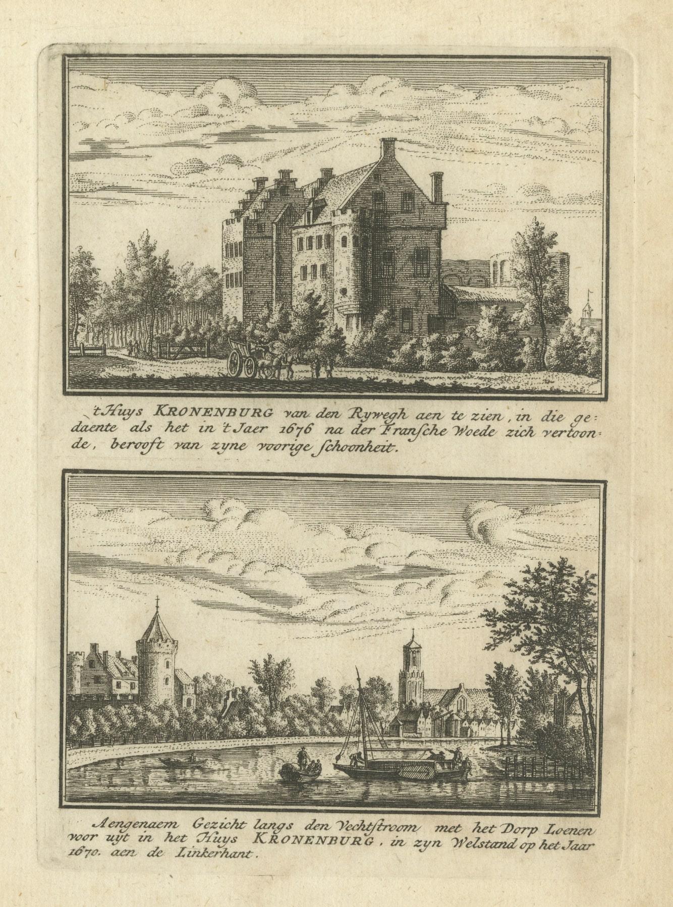 Paper Antique Print of Kronenburg Castle Near Loenen, Utrecht, the Netherlands, c.1725 For Sale