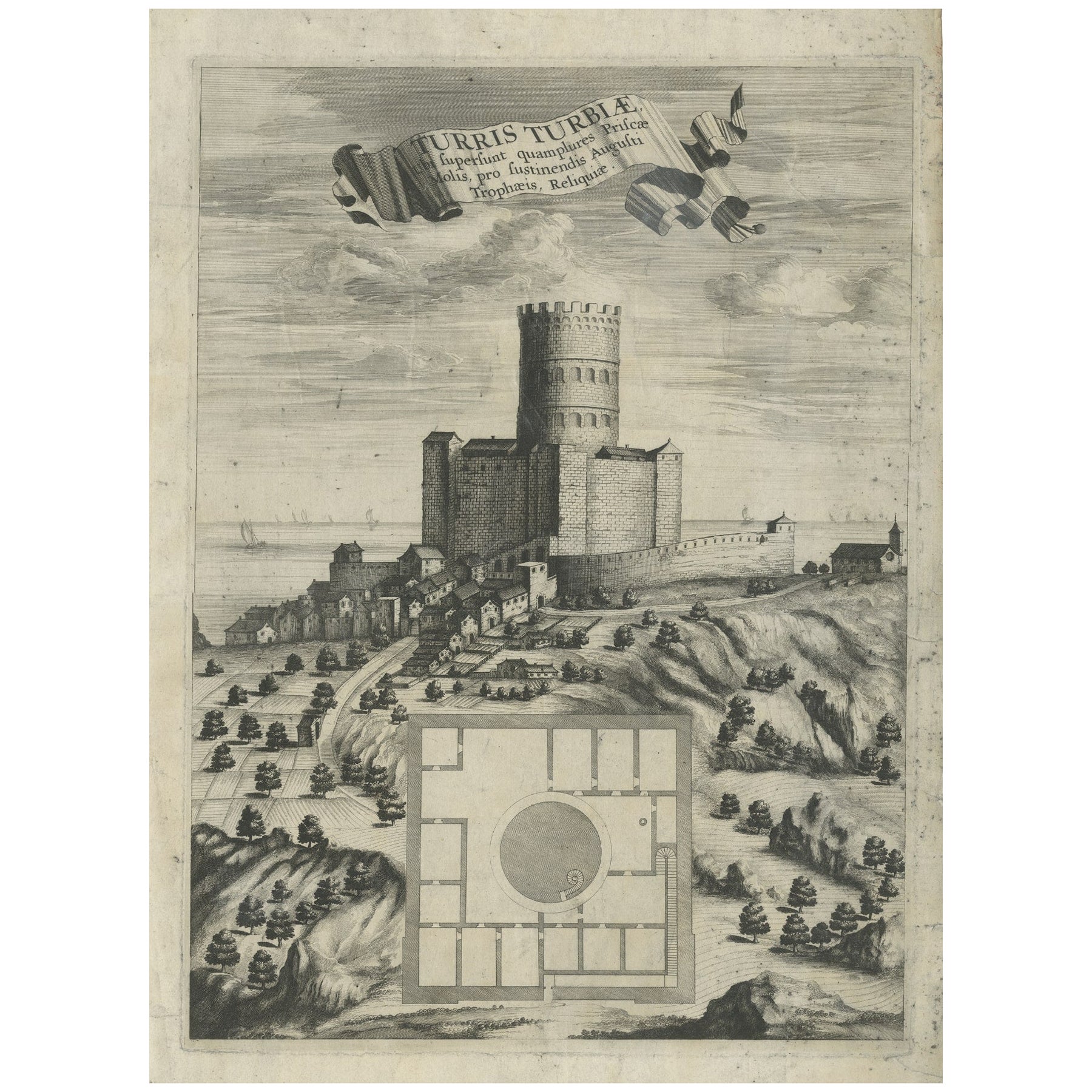 Impression ancienne de La Turbie et du Tropaeum Alpium près de Monaco en France, C.1760