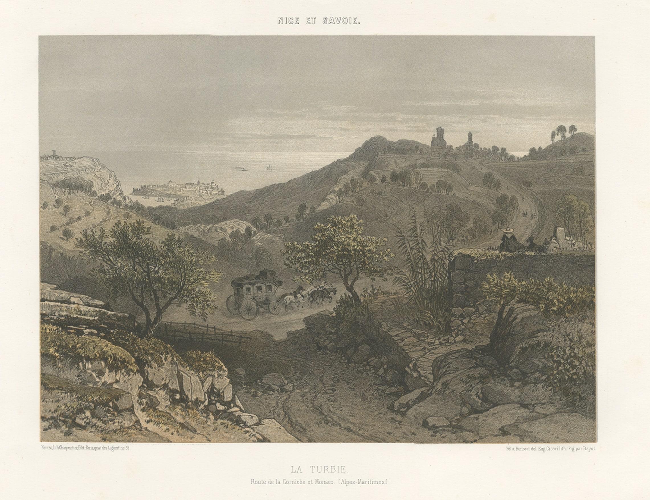 Paper Antique Print of La Turbie or Route de la Corniche et Monaco, c.1865 For Sale