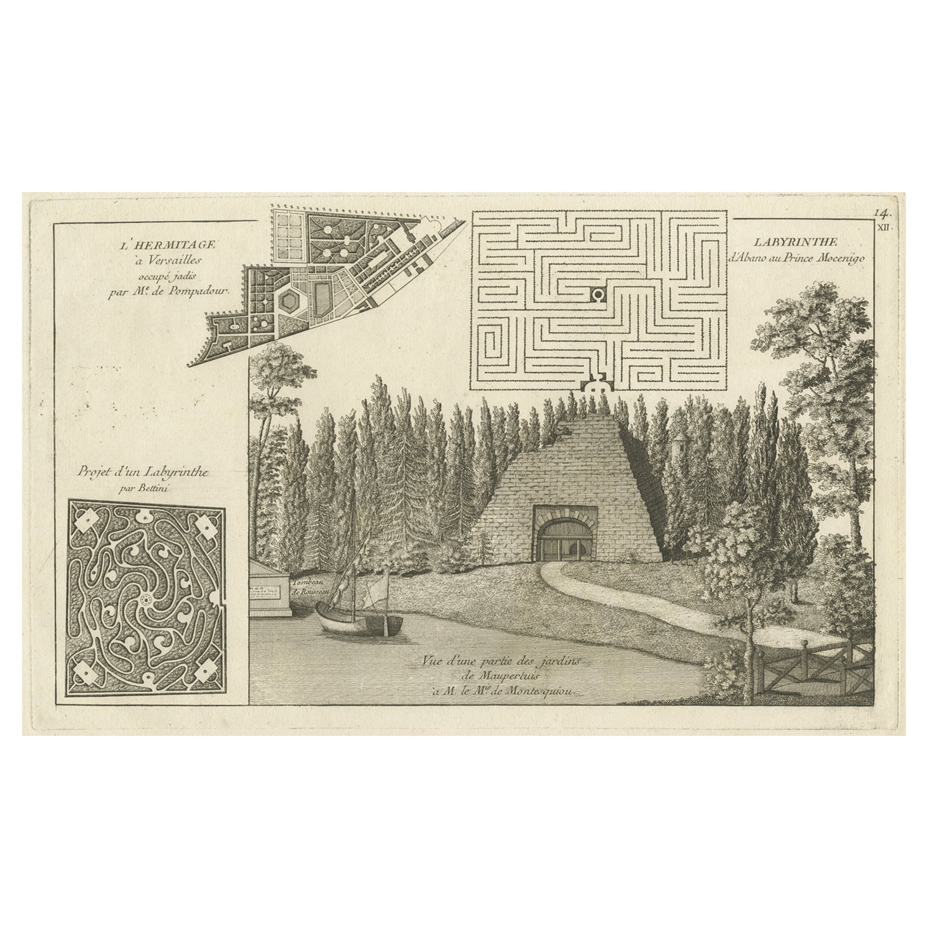 Antiker Druck des Labyrinths und der Eremitage von Versailles, Frankreich, 1776