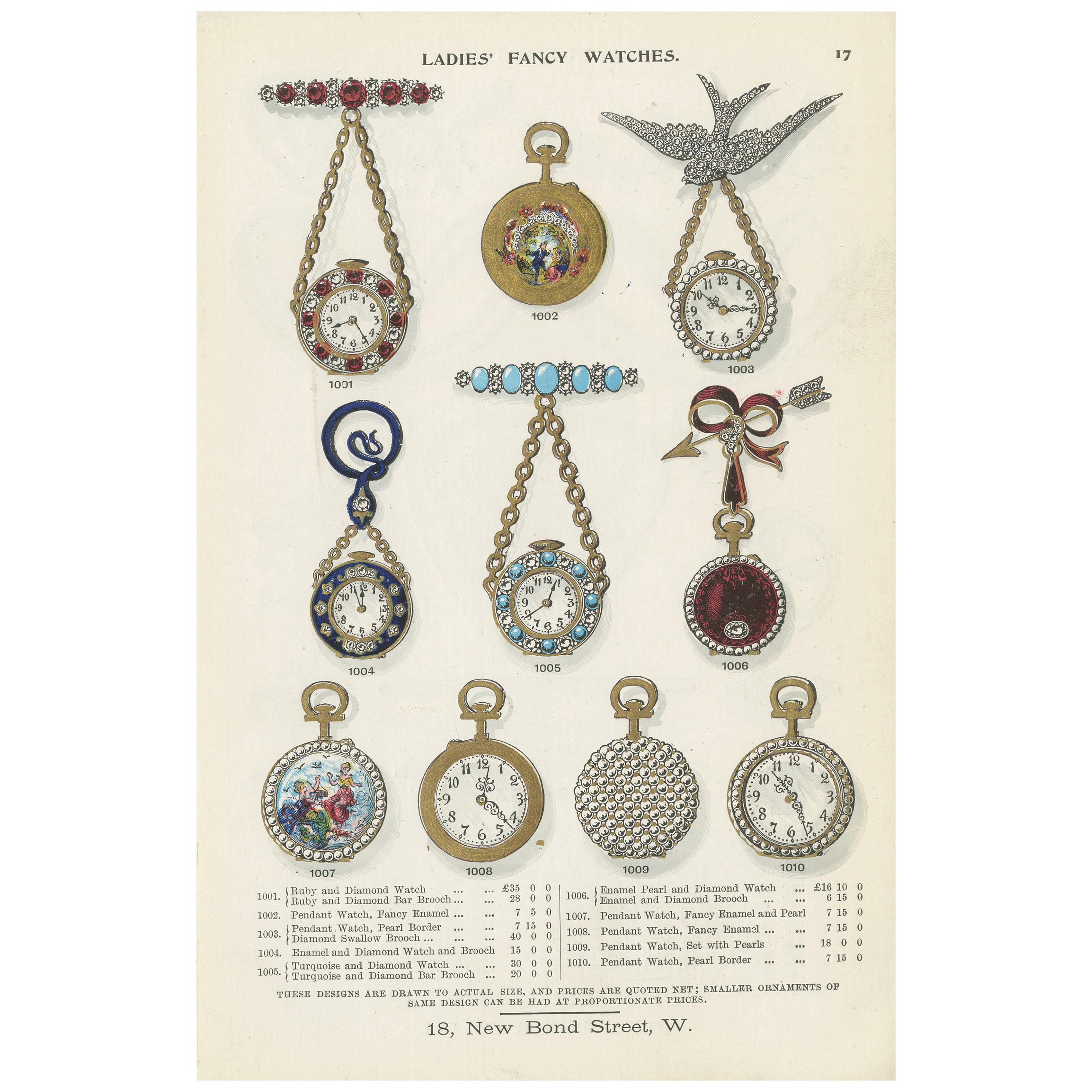 Antique Print of Ladies' Fancy Watches by Streeter, 1898 For Sale