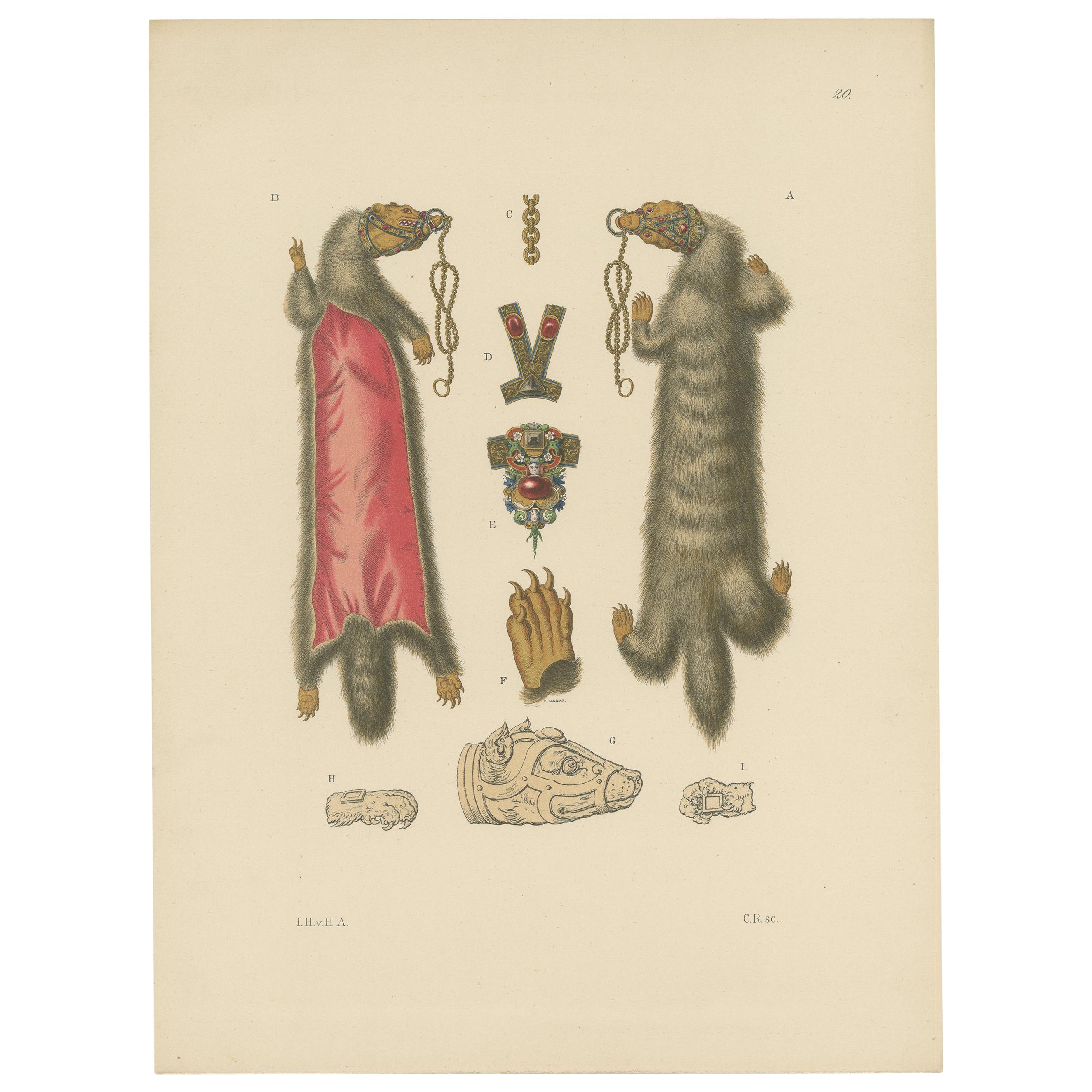 Antique Print of Ladies Jewelry with Fur of a Marten by Hefner-Alteneck, '1890' For Sale