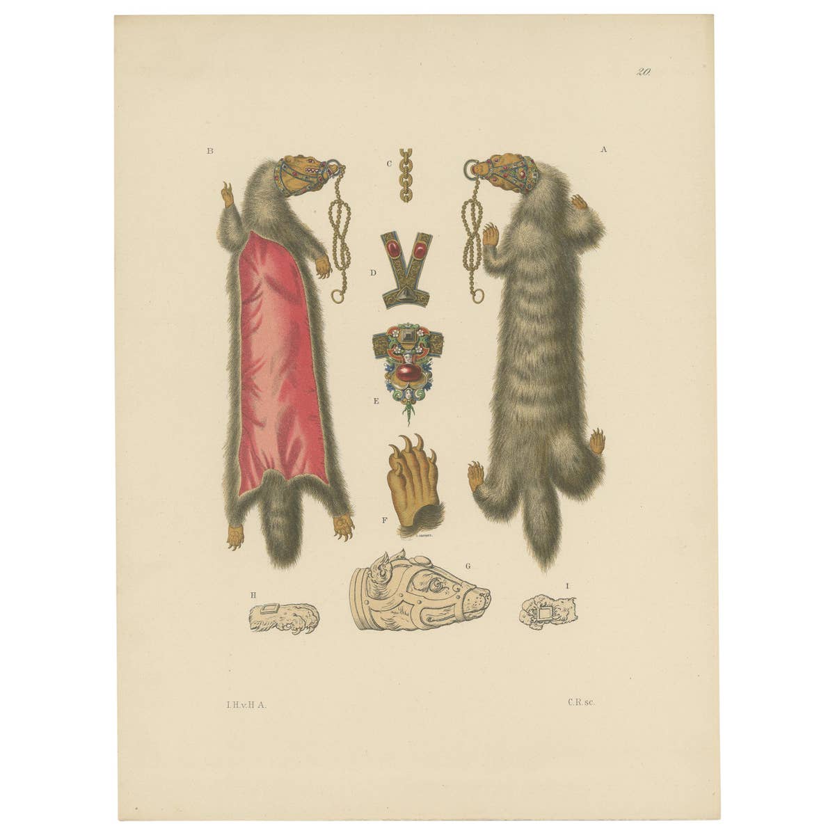 Antique Print of Ladies Jewelry with Fur of a Marten by Hefner-Alteneck, '1890'