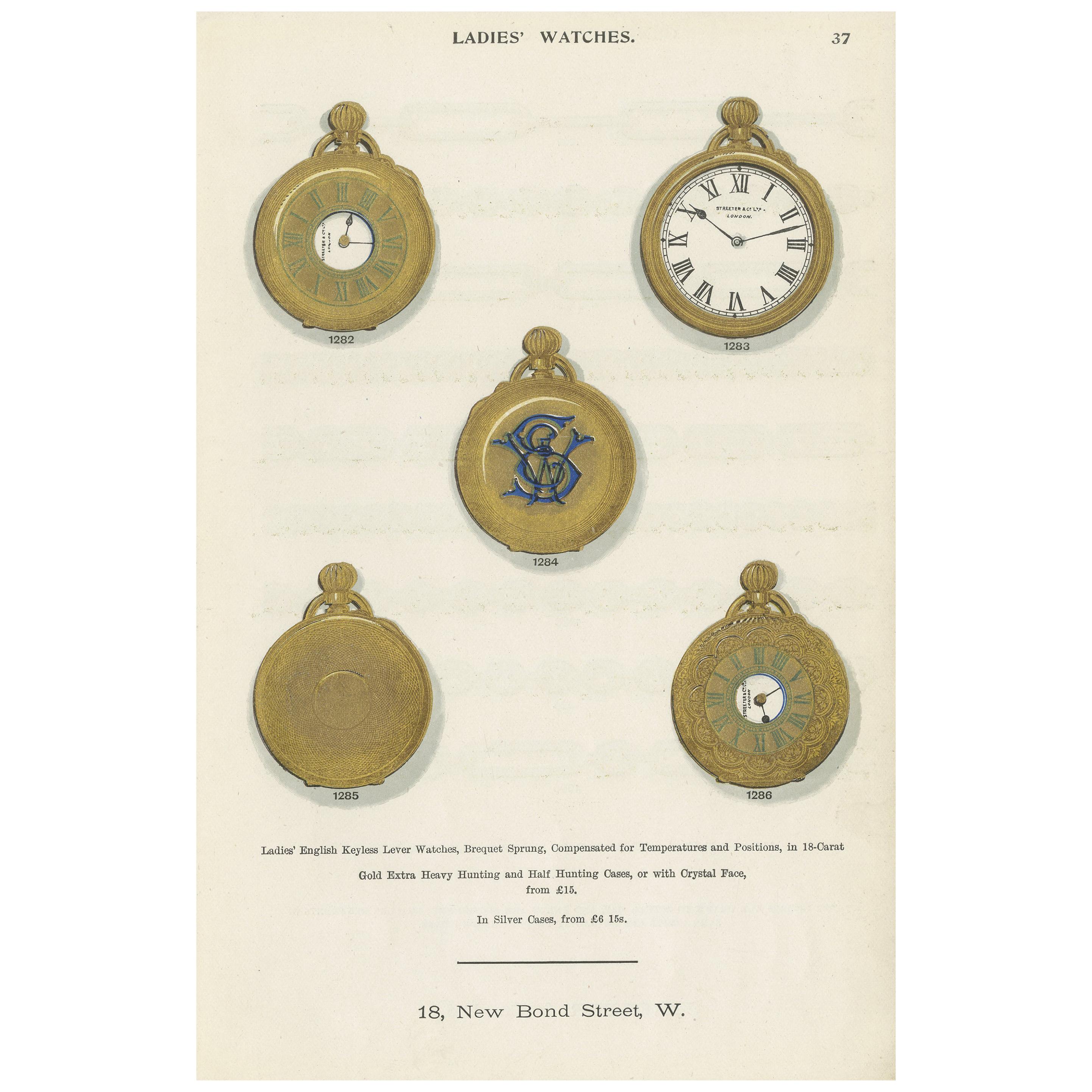 Antique Print of Ladies' Watches by Streeter, 1898