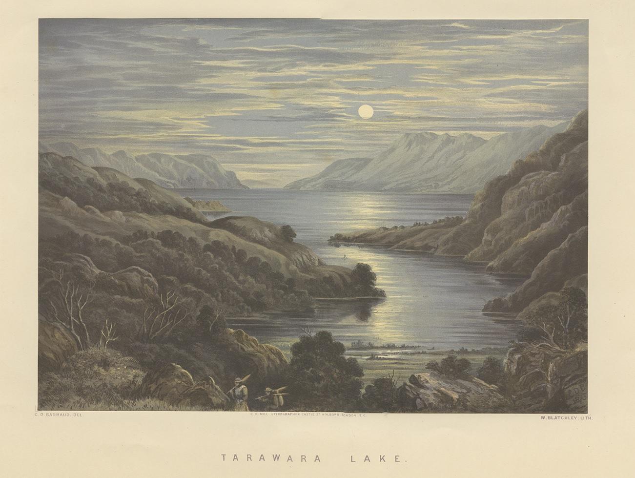 Antique print titled 'Tarawara Lake'. View of Lake Tarawera, the largest of a series of lakes which surround the volcano Mount Tarawera in the North Island of New Zealand. Lithographed by W. Blatchley after a drawing by Barraud. This print