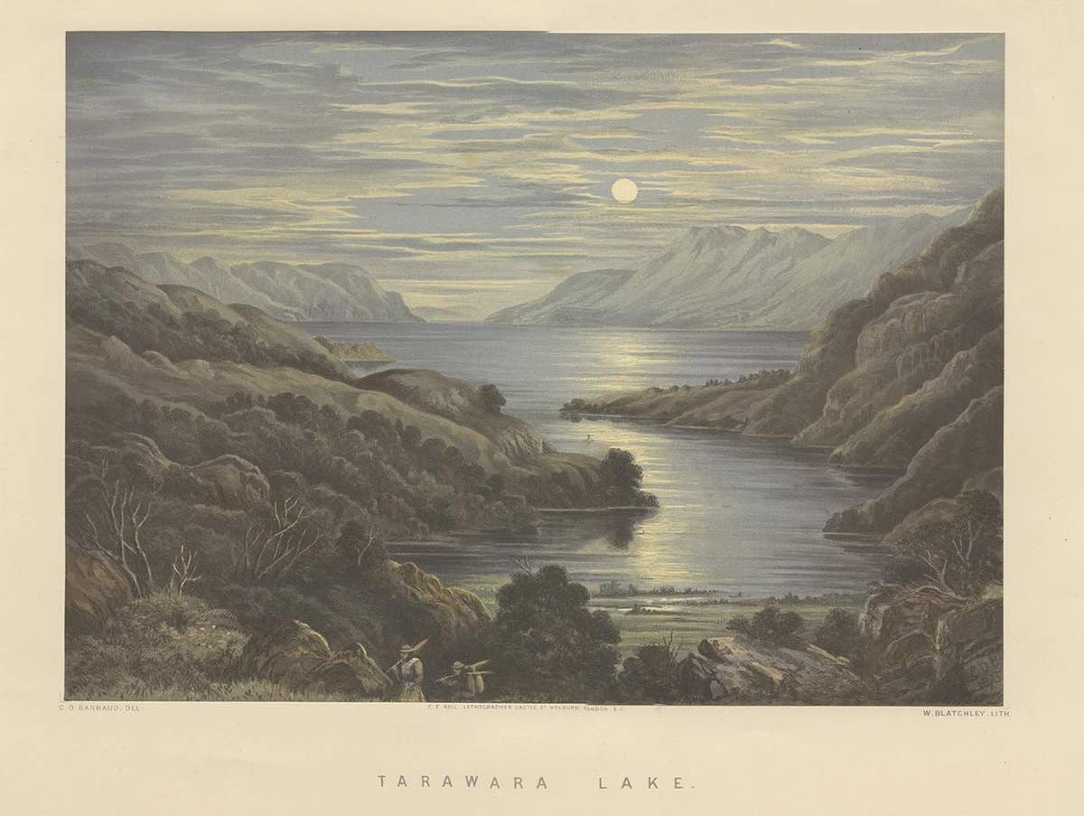 Antique Print of Lake Tarawera 'New Zealand' by Blatchley, circa 1877