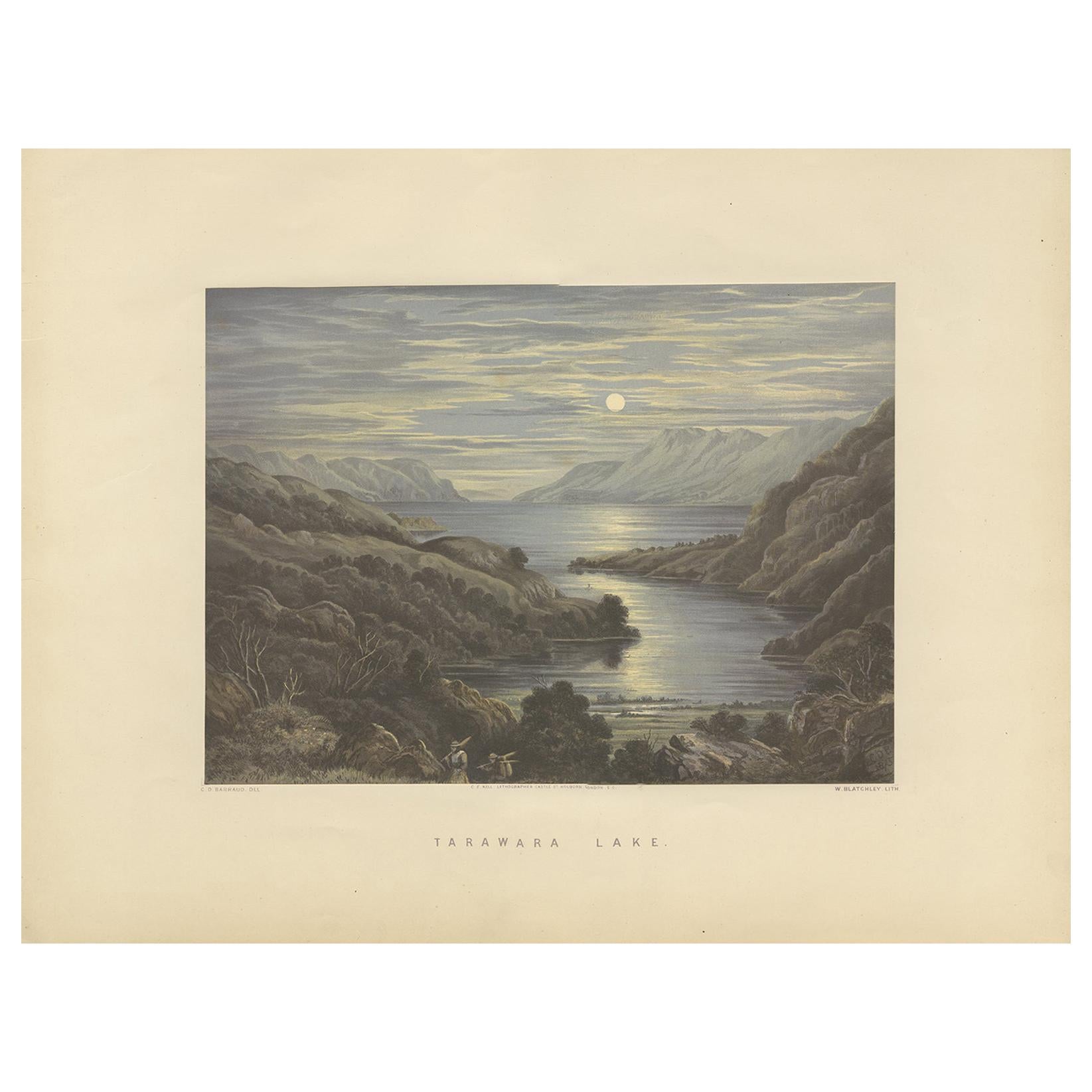 Antiker antiker Druck des Lake Tarawera „Neuseeland“ von Blatchley, um 1877