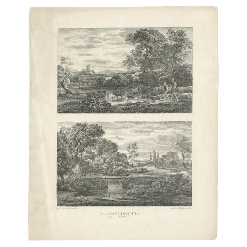 Gravure ancienne de Paysages par Hützer, d'après un tableau de Ferdinand Olivier en vente