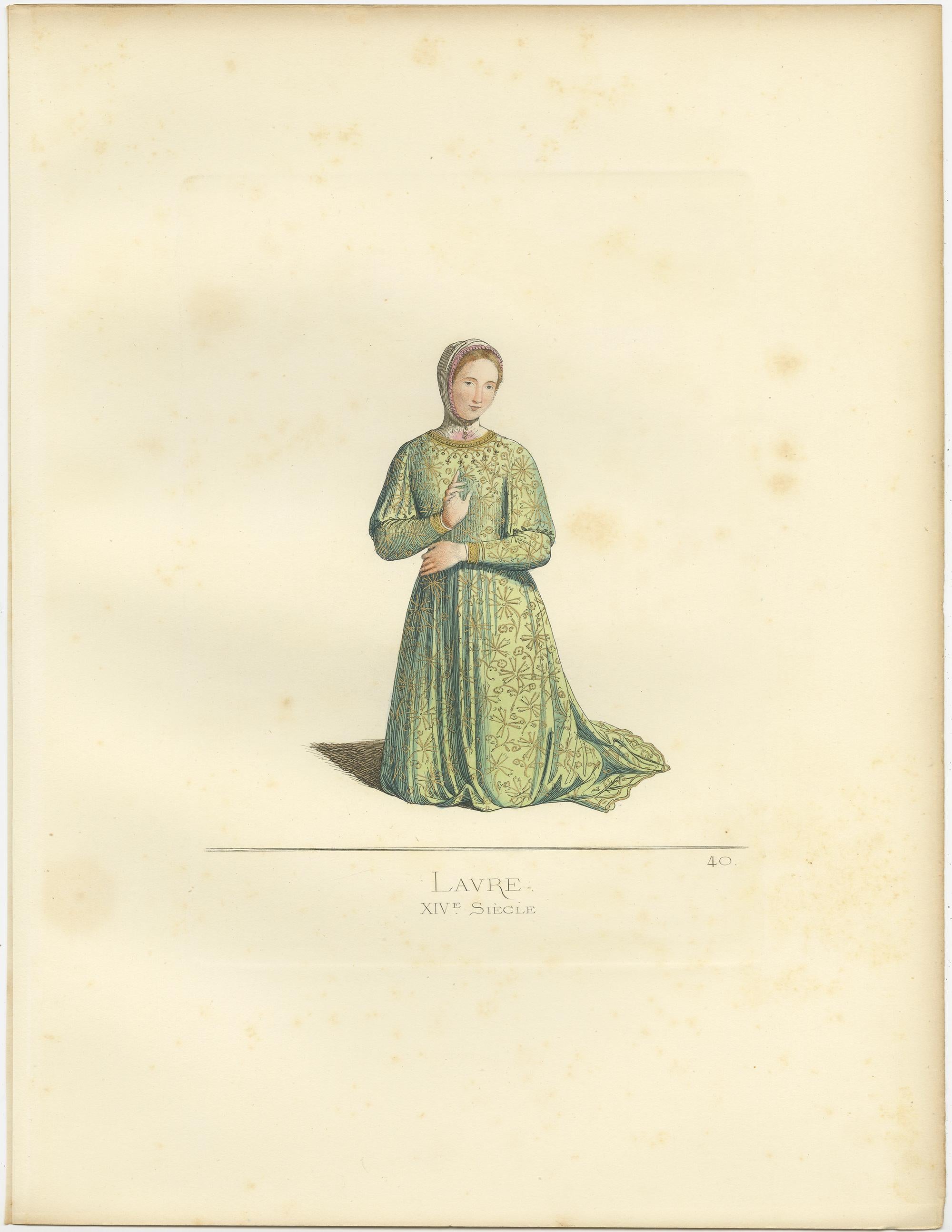 Antique print titled ‘Laure, XIVe Siecle.’ Original antique print of Laura, 14th century. Laura is the protagonist in one of Petrarch’s (1304–1374) poems. This print originates from 'Costumes historiques de femmes du XIII, XIV et XV siècle' by C.