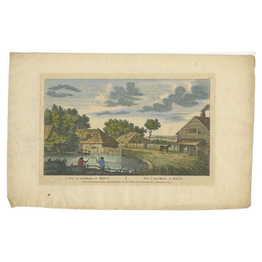Antique print titled 'A View at Lewisham in Kent - Vue à Lewisham en Kent'. Original antique print with a view of Lewisham, England. This print originates from the series 'Twelve views in Kent [graphic] / drawn from nature by J. Cleveley Junr =