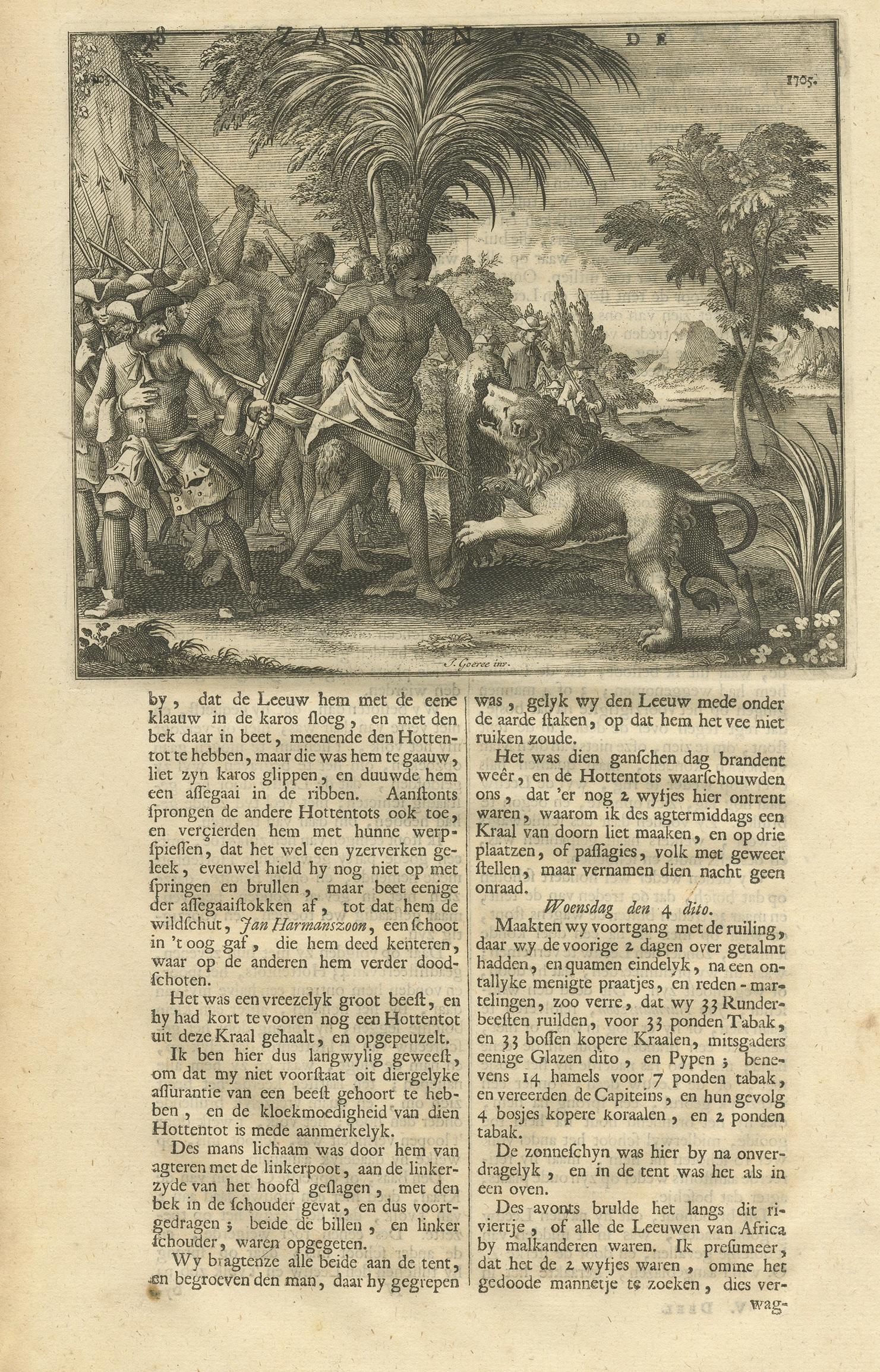 Untitled print depicting lion hunting in Africa. Text on verso. This print originates from 'Oud en Nieuw Oost-Indiën' by F. Valentijn.