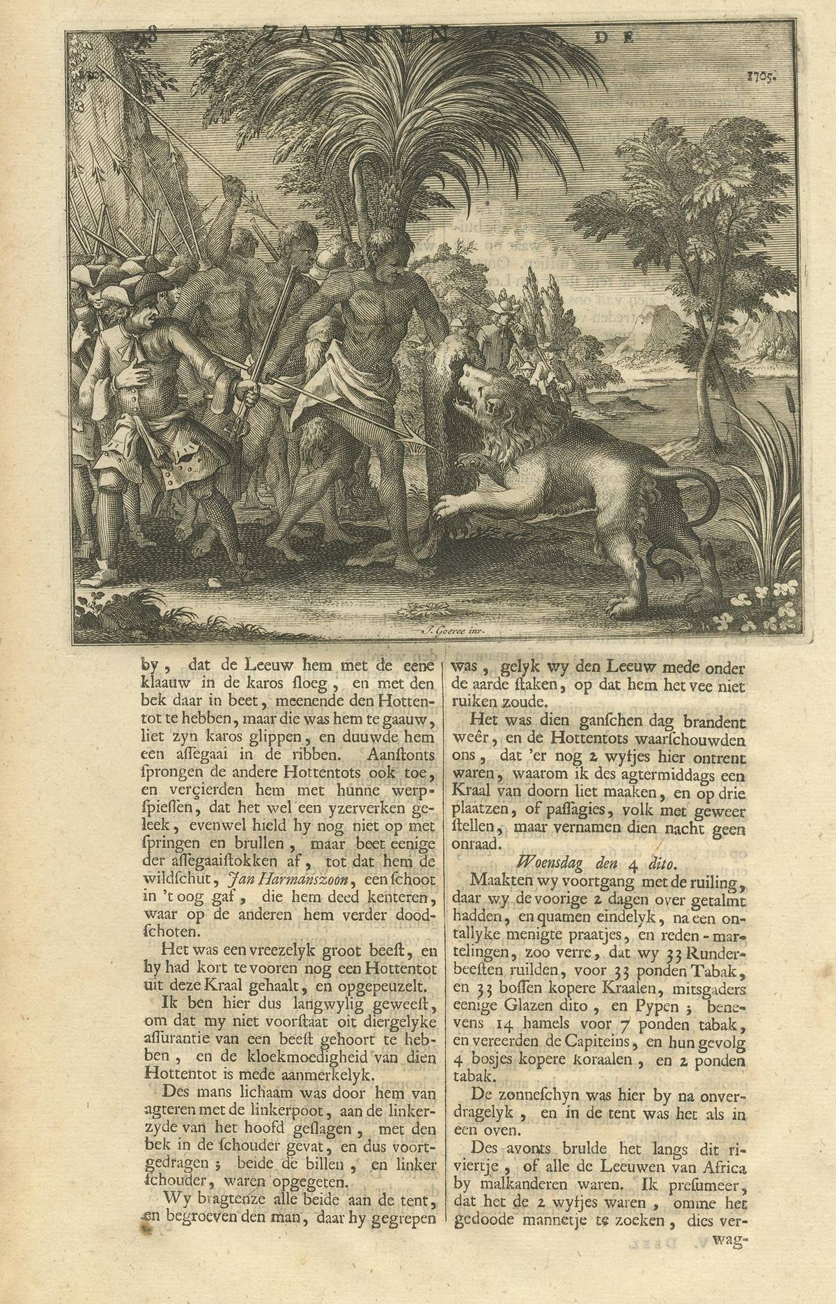 Antique Print of Lion Hunting by Valentijn, 1726