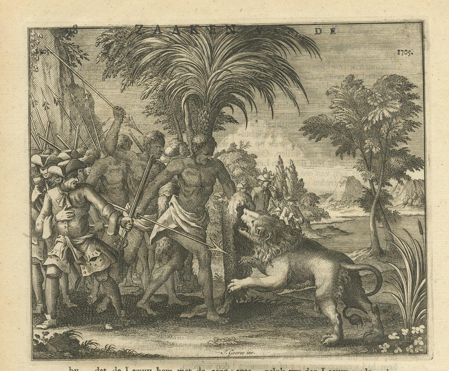 Dutch Antique Print of Lion Hunting by Valentijn, 1726 For Sale