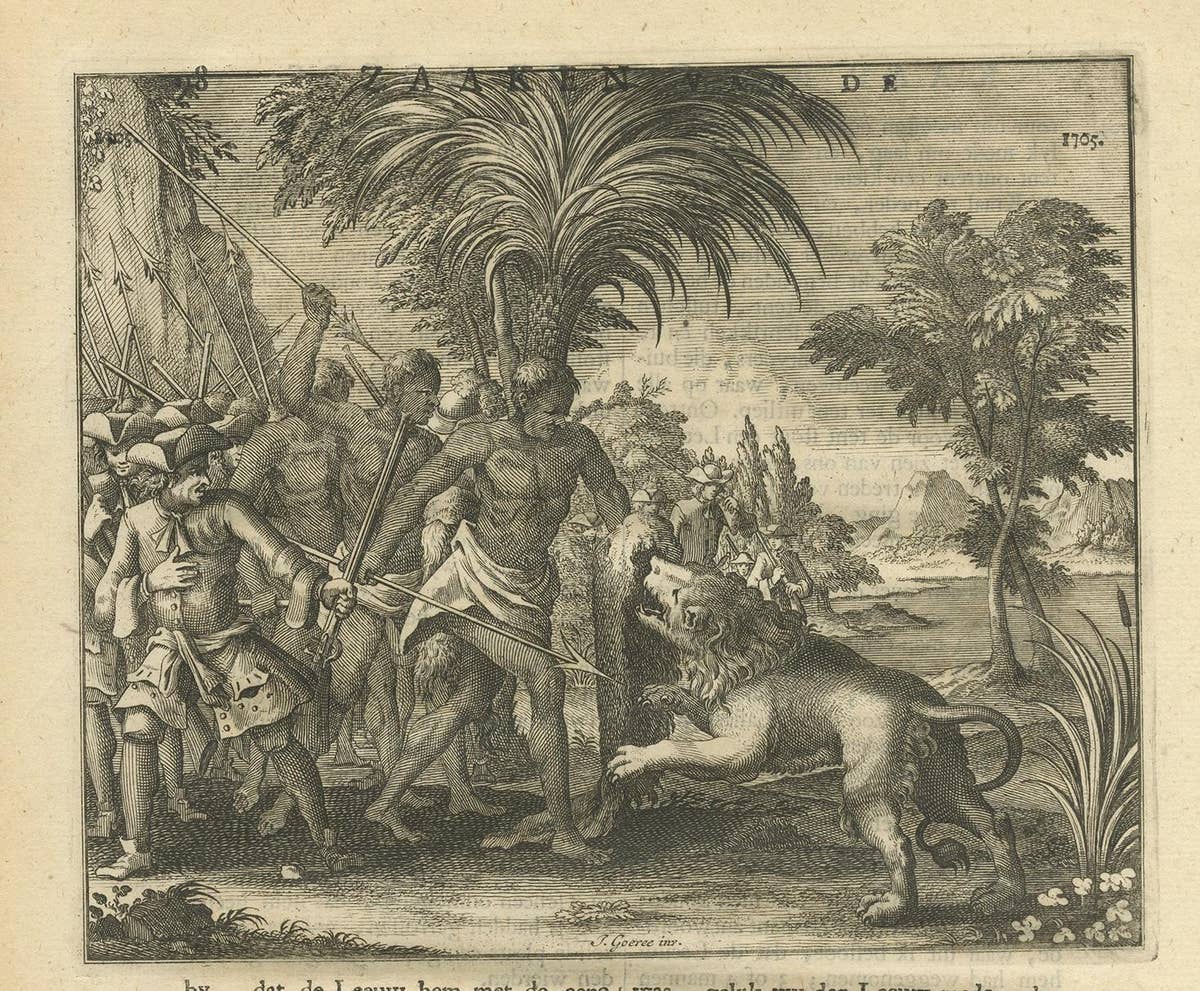 Antique Print of Lion Hunting by Valentijn, 1726