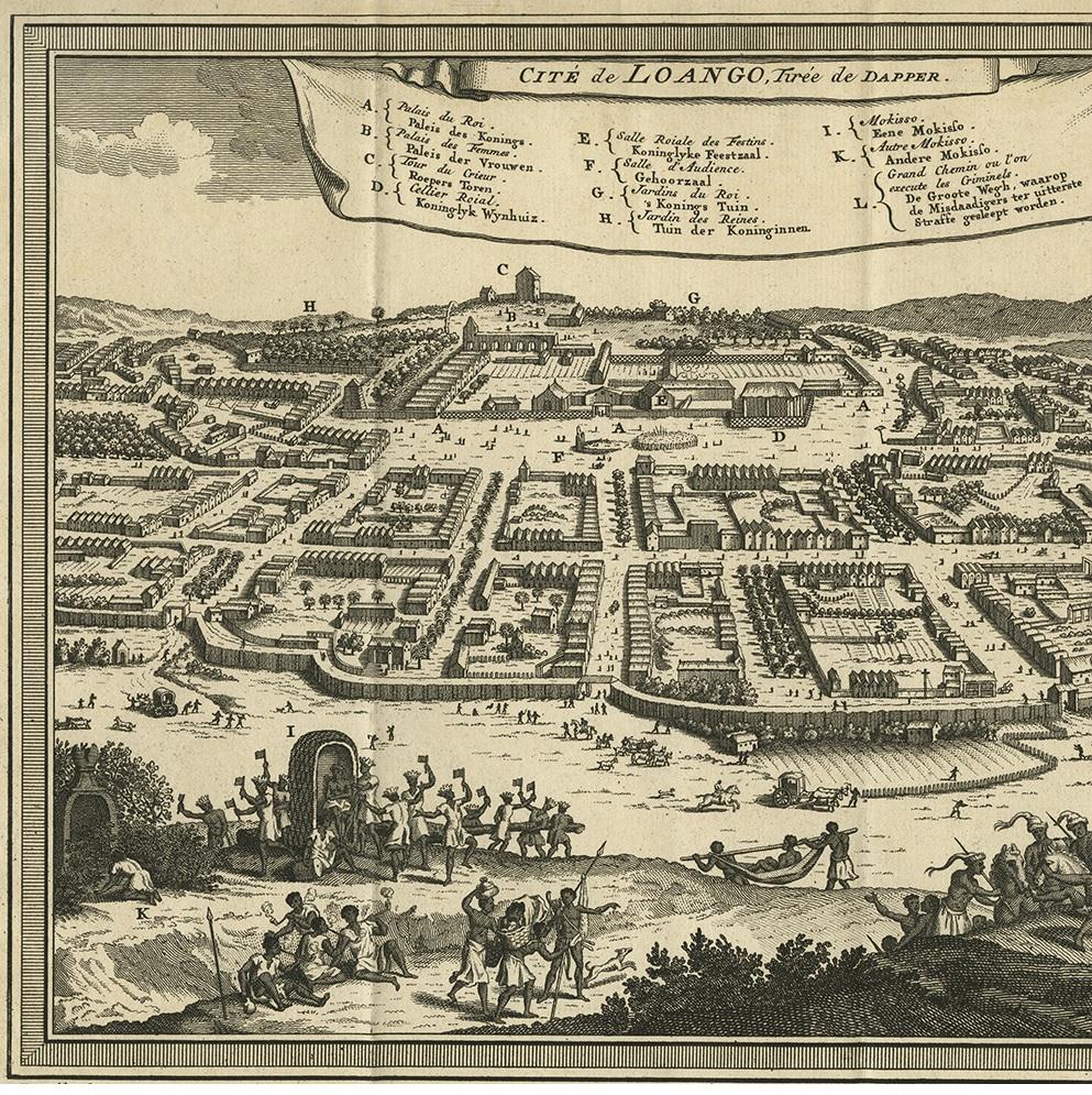 Impression ancienne de Loango, Afrique par J. Van Schley, 1750 Bon état - En vente à Langweer, NL