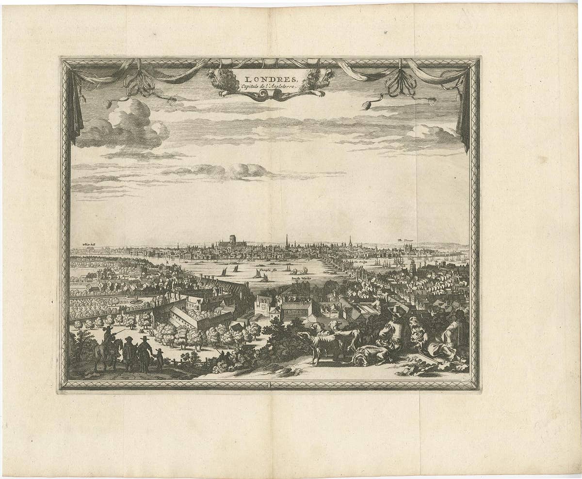 Antique Print of London with St. Paul's Cathedral Before the Fire, ca.1725