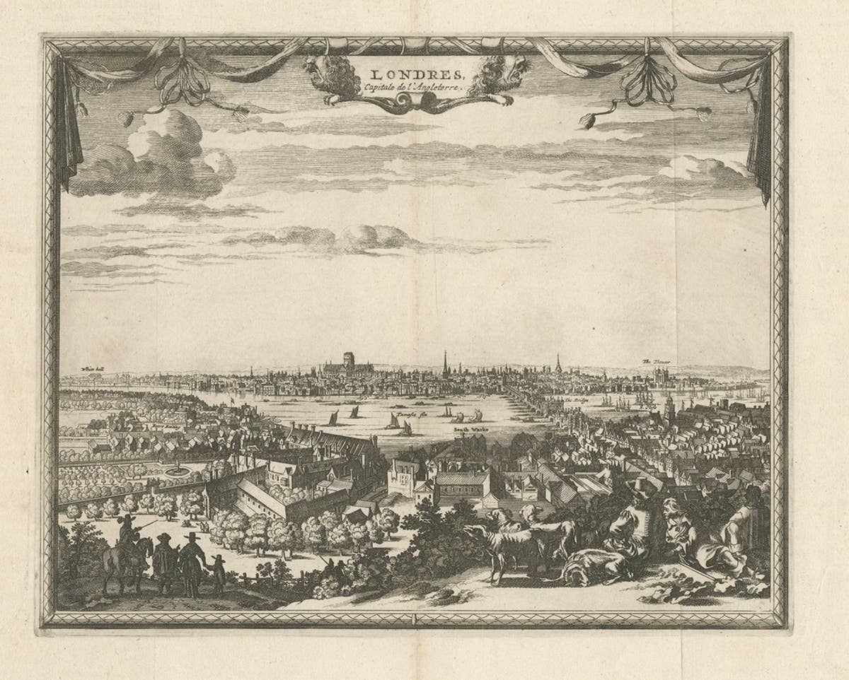 Antique Print of London with St. Paul's Cathedral Before the Fire, ca.1725