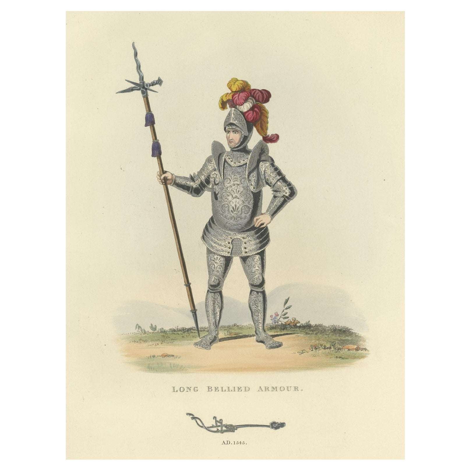 Antiker Druck der langgestreckten Wappenwaffe, 1842