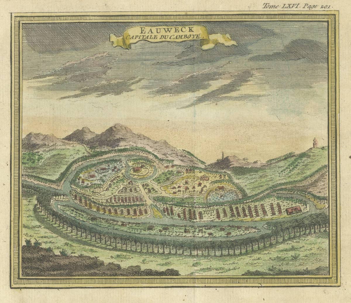 Antique Print of Longvek or Lavek the capital of Cambodia, 1766