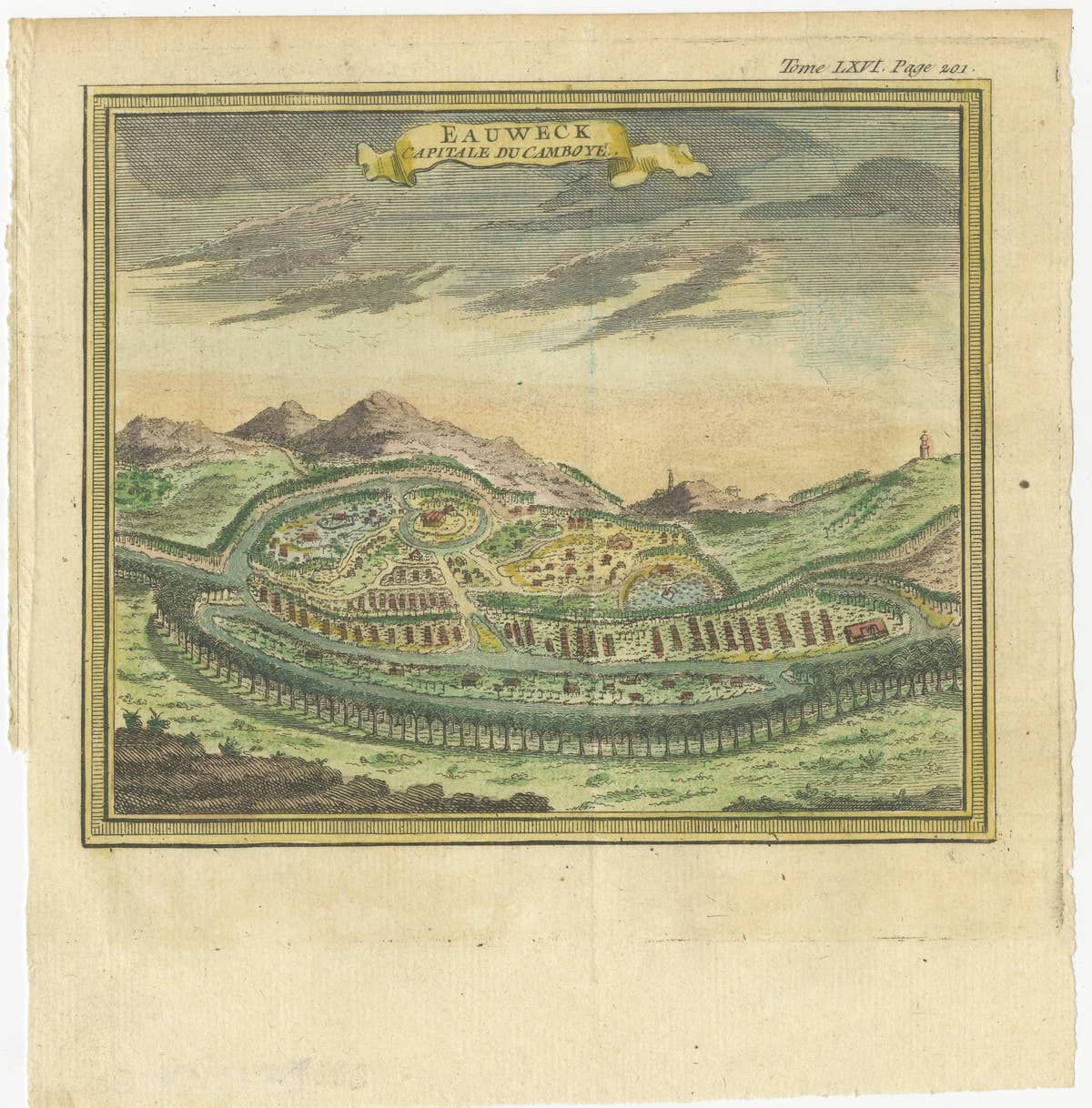 Antique Print of Longvek or Lavek the capital of Cambodia, 1766