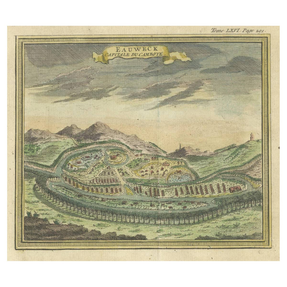 Antique Print of Longvek or Lavek the capital of Cambodia, 1766