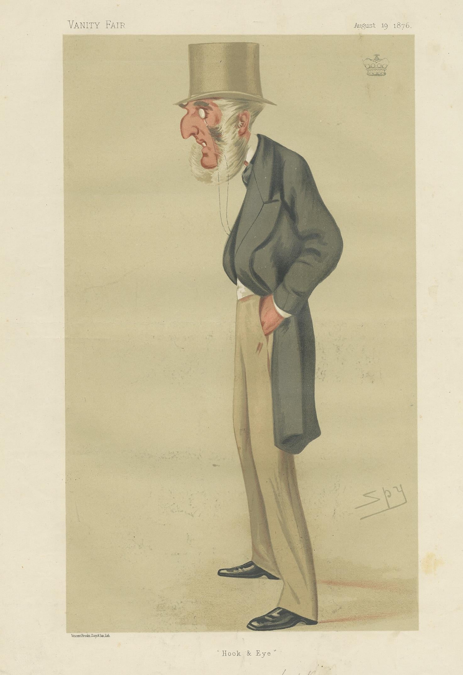 Antique print titled 'Hook & Eye'. Charles Crespigny Vivian, 2nd Baron Vivian (24 December 1808–24 April 1886), was a British peer and Whig politician from the Vivian family. This caricature print originates from the Vanity Fair of August 19, 1876.
