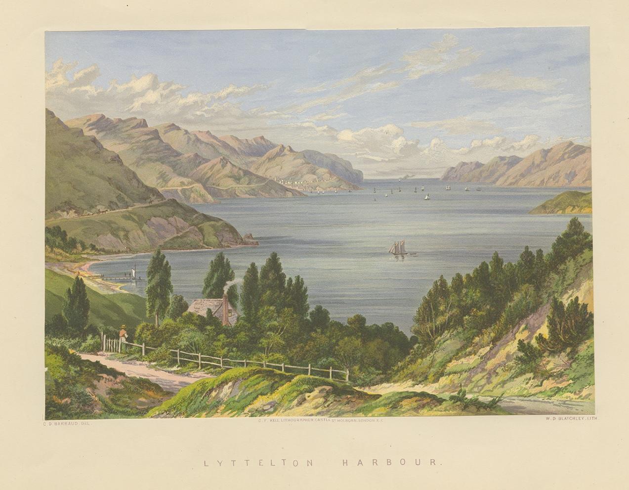 Antique Print of Lyttelton Harbour 'New Zealand' by Blatchley, circa 1877 In Good Condition For Sale In Langweer, NL