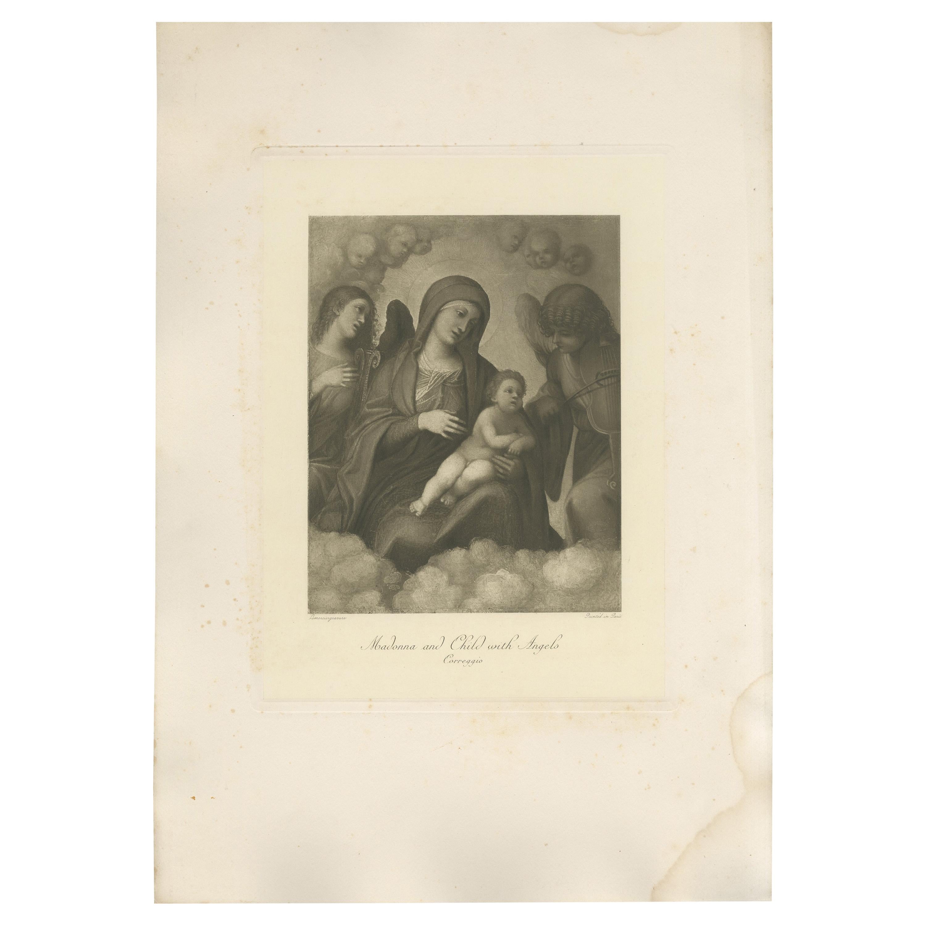 Antiker antiker Druck von „Madonna und Kind mit Engeln“ nach Correggio, um 1890