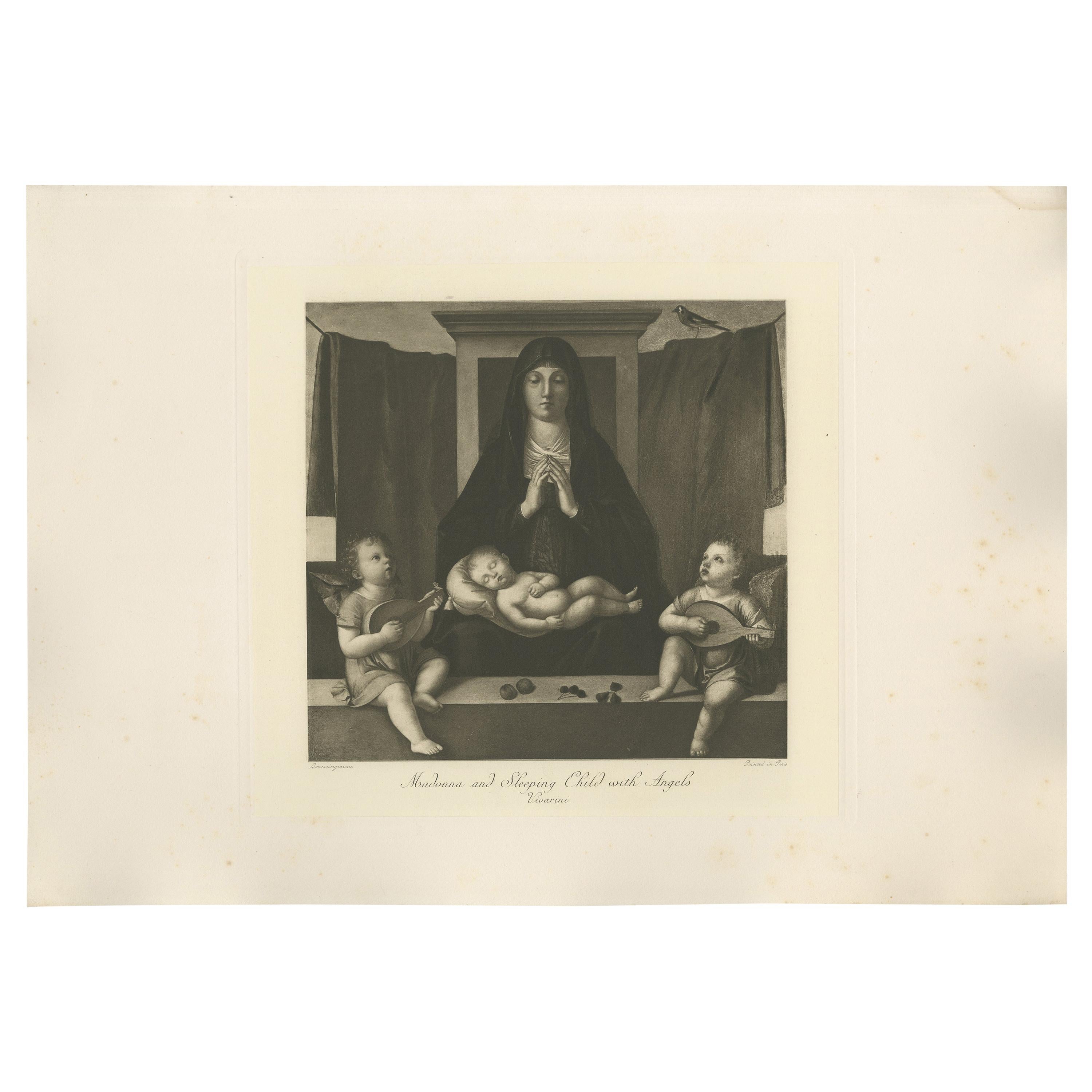 Grabado antiguo de "Virgen con el Niño dormido" realizado según Vivarini "c.1890