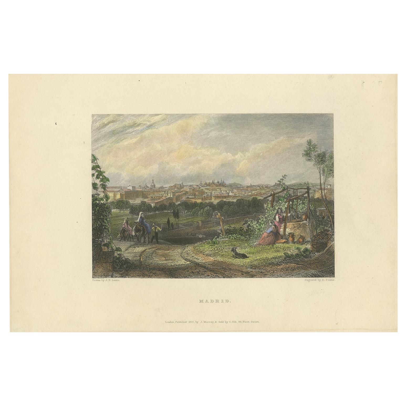Antique Print of Madrid by Finden, 1833 For Sale