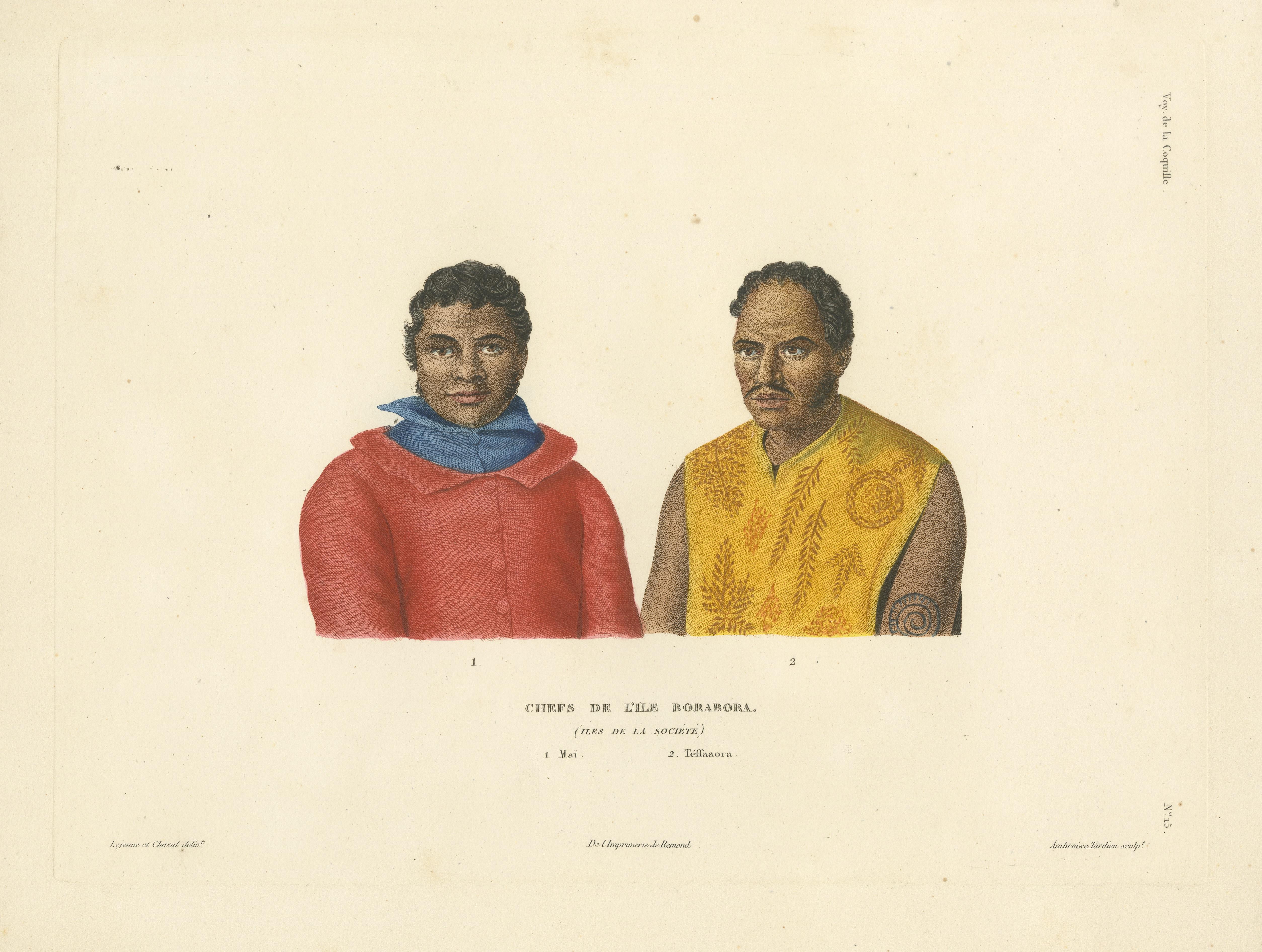 Antique Print of Mai and Téffaanora, Heads of the Island of Bora Bora In Good Condition For Sale In Langweer, NL
