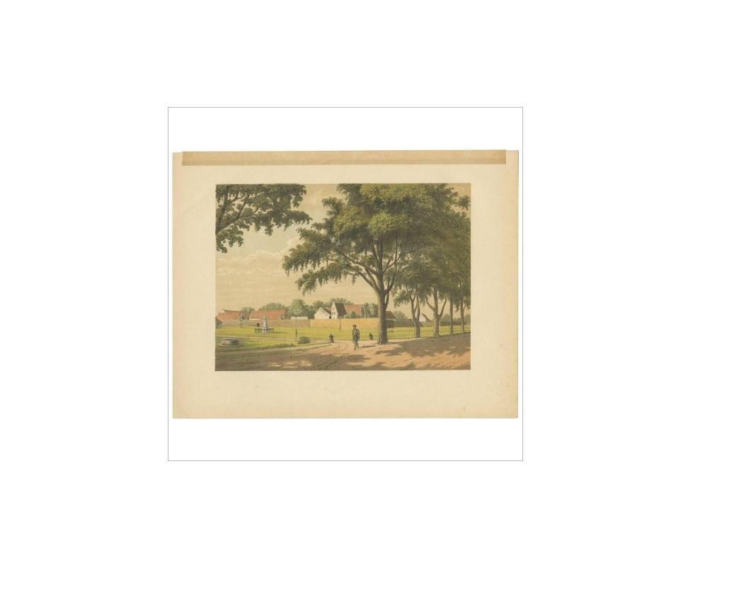 The antique print depicting the view of Makassar on Celebes (now known as Sulawesi) in Indonesia, from 'Het Kamerlid van Berkestein in Nederlandsch-Indië' by M.T.H. Perelaer, published circa 1888 in Leiden, is a fascinating historical artwork.