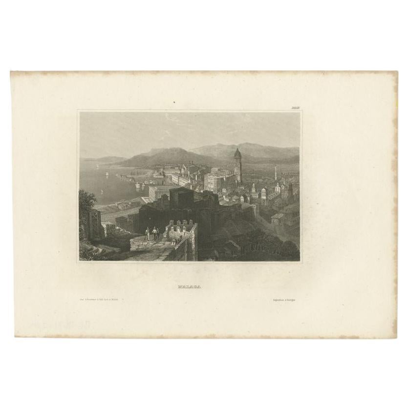 Antique Print of Málaga in Spain, 1844 For Sale