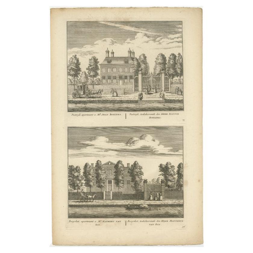 Antique Print of Mansion Postwijck and Bergvliet Manor in the Netherlands, 1730 For Sale