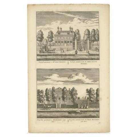 Antique Print of Mansion Postwijck and Bergvliet Manor in the Netherlands, 1730