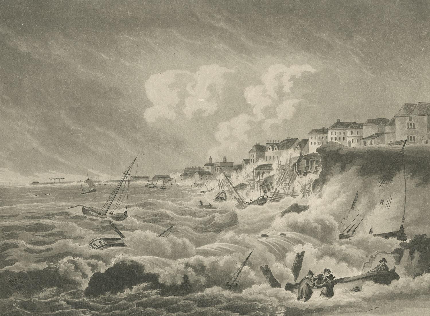 Antique print titled 'Representation of the Town of Margate'. View of Margate during the storm in 1808. Margate became a popular resort for the English
nobility in the 18th century. Drawn and aquatinted by J. Hassell, circa 1808.