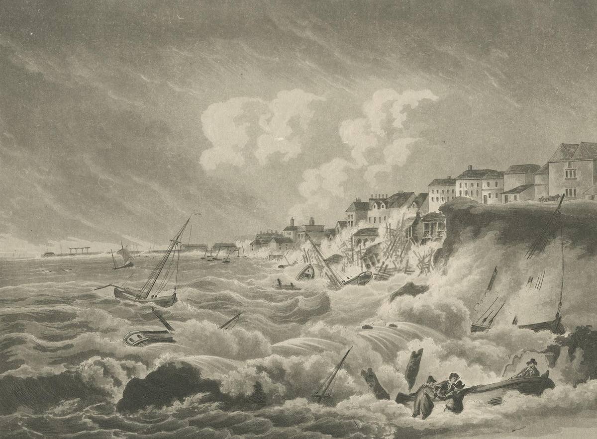 Antique Print of Margate During the Storm by Hassell, circa 1808