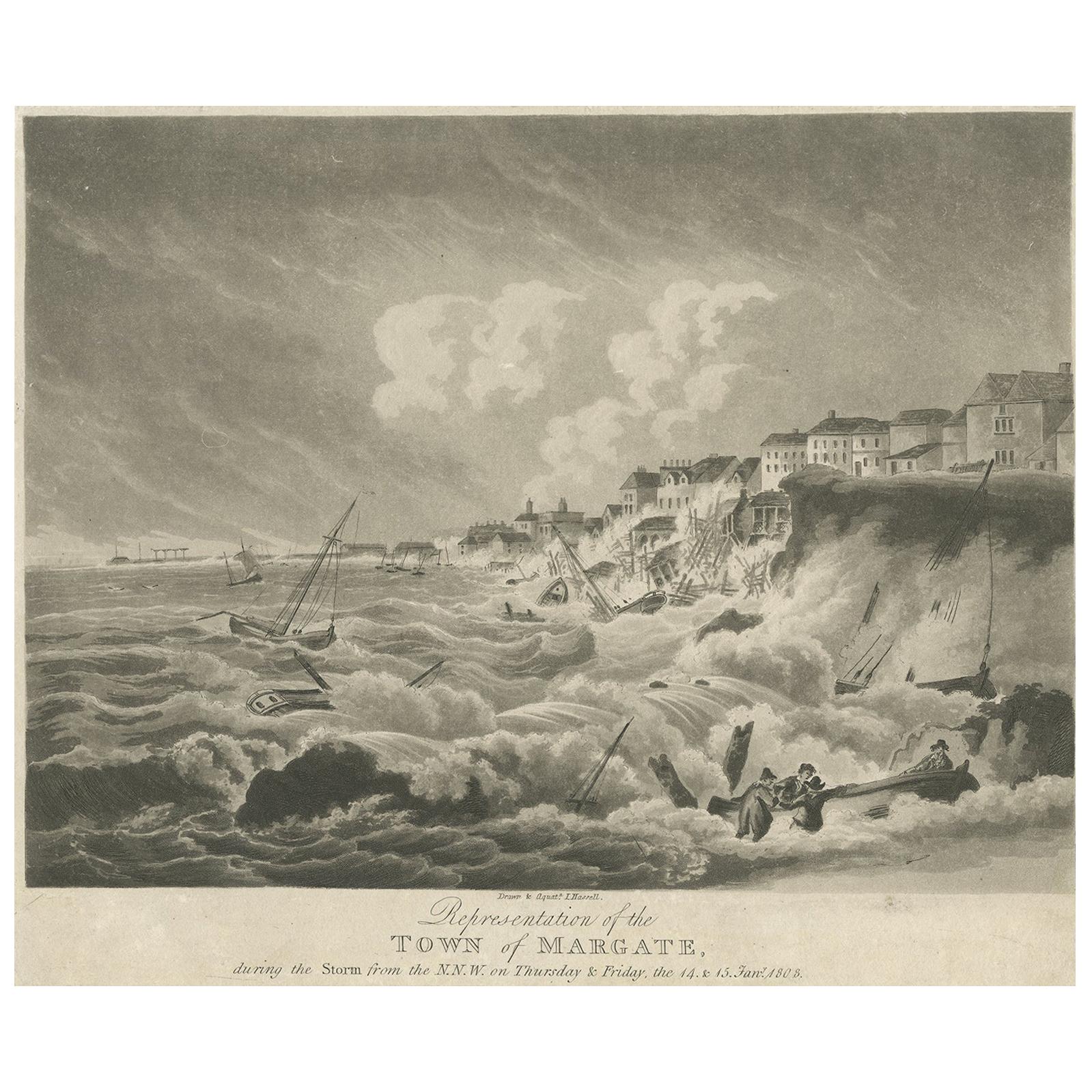 Antique Print of Margate During the Storm by Hassell, circa 1808 For Sale