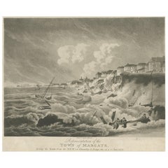 Grabado antiguo de Margate durante la tormenta, por Hassell, hacia 1808