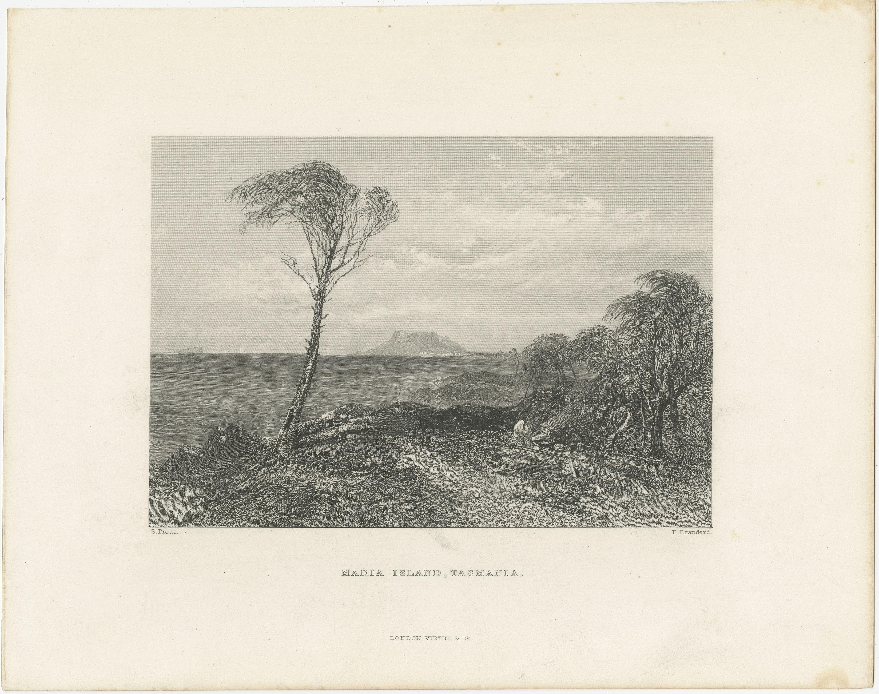 Antique print titled 'Maria Island, Tasmania'. View of Maria Island or 'wukaluwikiwayna', a mountainous island located in the Tasman Sea, off the east coast of Tasmania, Australia. Engraved by T. Heawood after S. Prout. Published by Virtue & Co,
