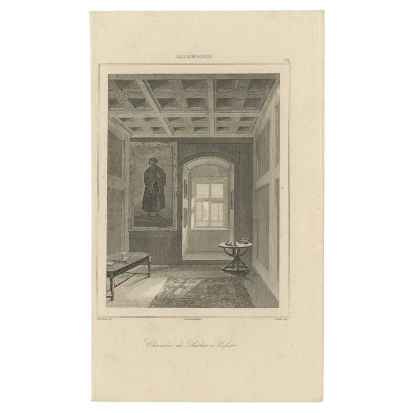 Antique print titled 'Chambre de Luther in Erfurt'. Original antique print of Martin Luther's monastery room at Erfurt during his time studying law, Germany. This print originates from the volume 'Allemagne' from ' L'Univers Pittoresque' by Philippe