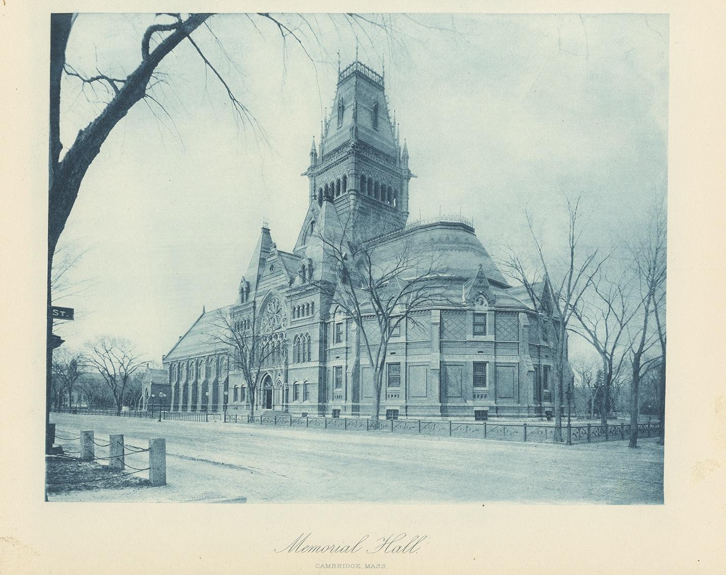 Antique print titled 'Memorial Hall, Cambridge Mass'. View of Memorial Hall, Cambridge, Massachusetts. This print originates from 'Voyages and Travels Illustrated' published by E. W. Walker & Co.