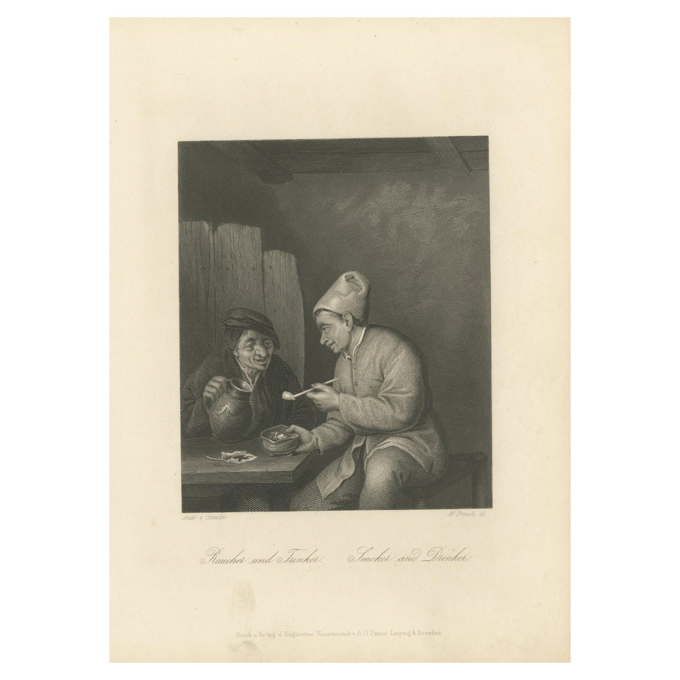 Impression ancienne d'hommes buvant et fumant par Payne, datant d'environ 1850